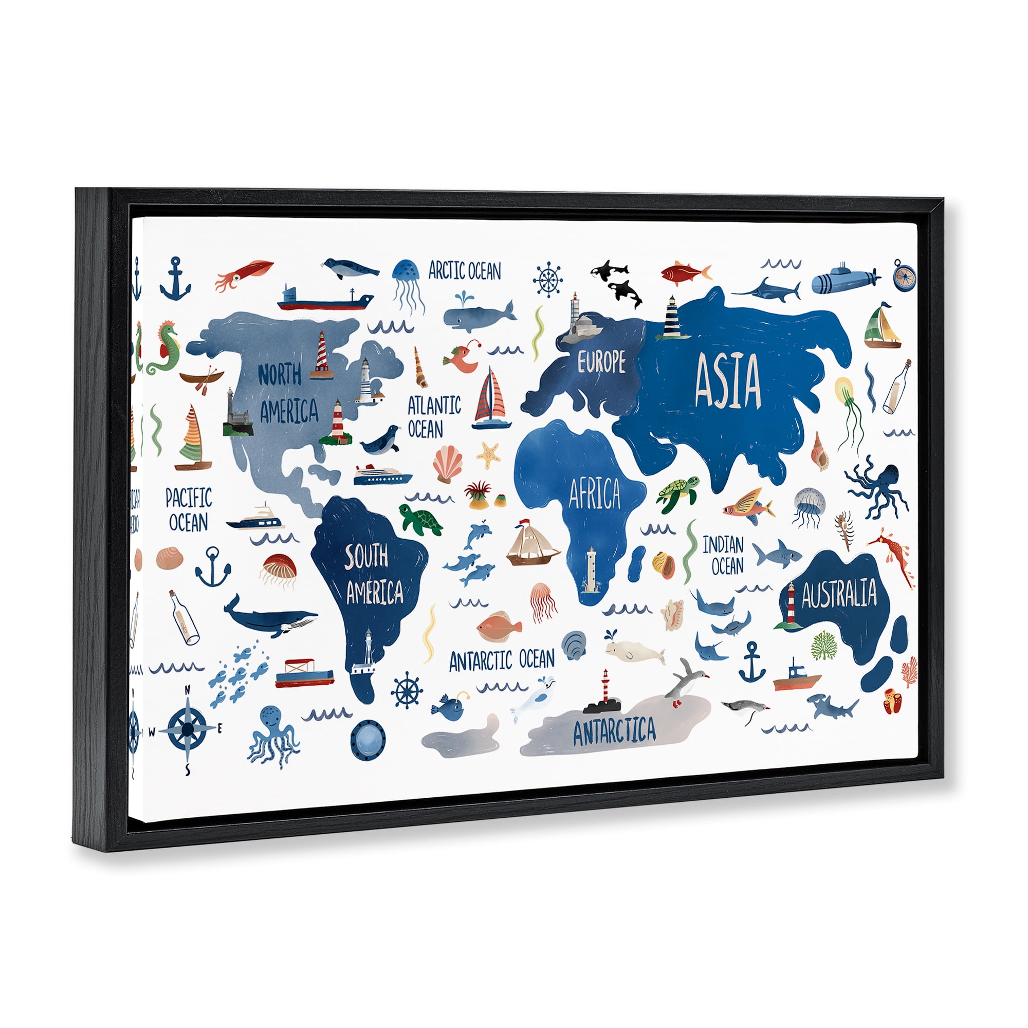 Stupell Industries Nautical Themed Map Town & City Painting Black Floater Framed Art Print Wall Art, 31 x 21