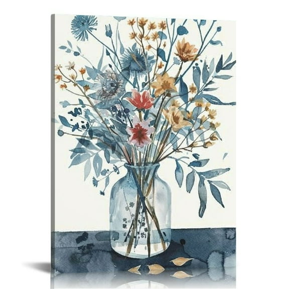 JRXY Navy Flowers Canvas Wall Art Watercolor Style Abstract Floral Pictures for Bathroom Wall Decor Elegant Botanical Canvas Painting Modern Indigo Blue Simple Life Canvas Print Artwork 12x16 in