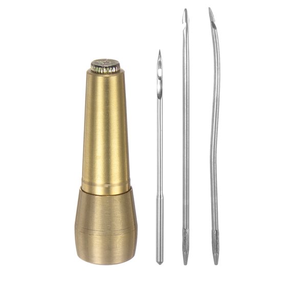 Uxcell Copper Handle Sewing Awl Set Handwork Sewing Awl Needle Repair Tool Kit with 3 Needles, Yellow