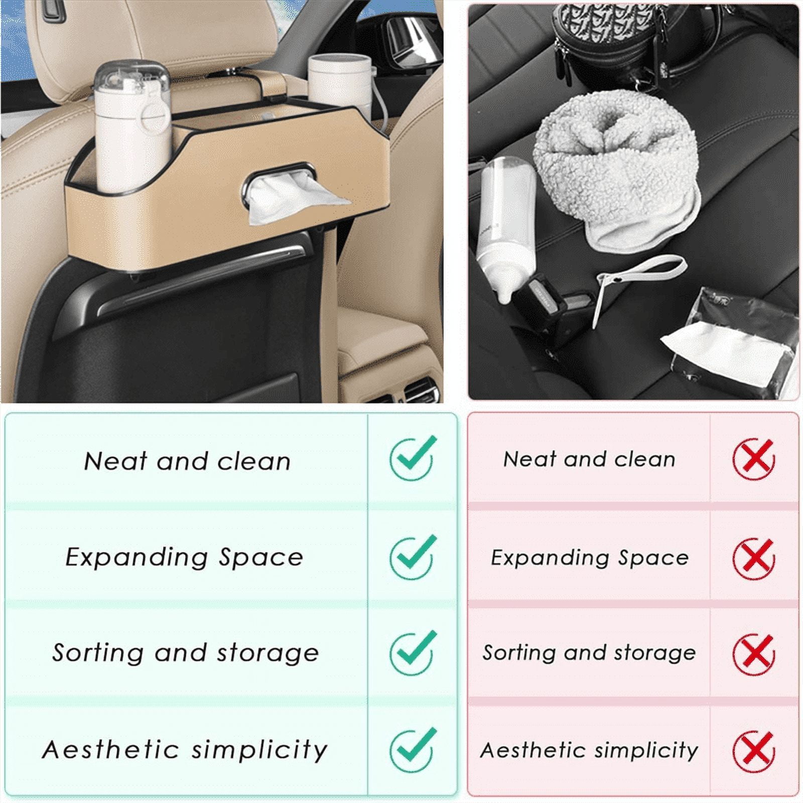 Car Headrest Backseat Organizer with 2 Drink Cup Holder, Cell Phone Holders, Hooks and Tissue Box Accessories - Beige
