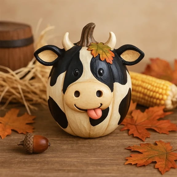 Farm Animal Pumpkin Figurines, Funny Farm Animals Statue for Fall Thanksgiving & Halloween Decorations, Farmhouse Pumpkin Figurines Gift for Autumn Table Centerpiece Decoration (Cattle)