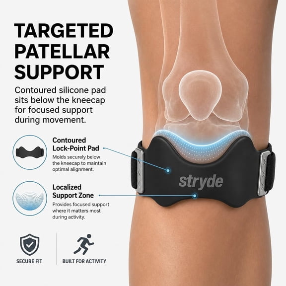Stryde Precision Knee Strap, Breathable Patellar Strap Below Kneecap, Adjustable & Breathable Support For Walking, Stairs & Sports, Not A Bulky Knee Brace (1pc)