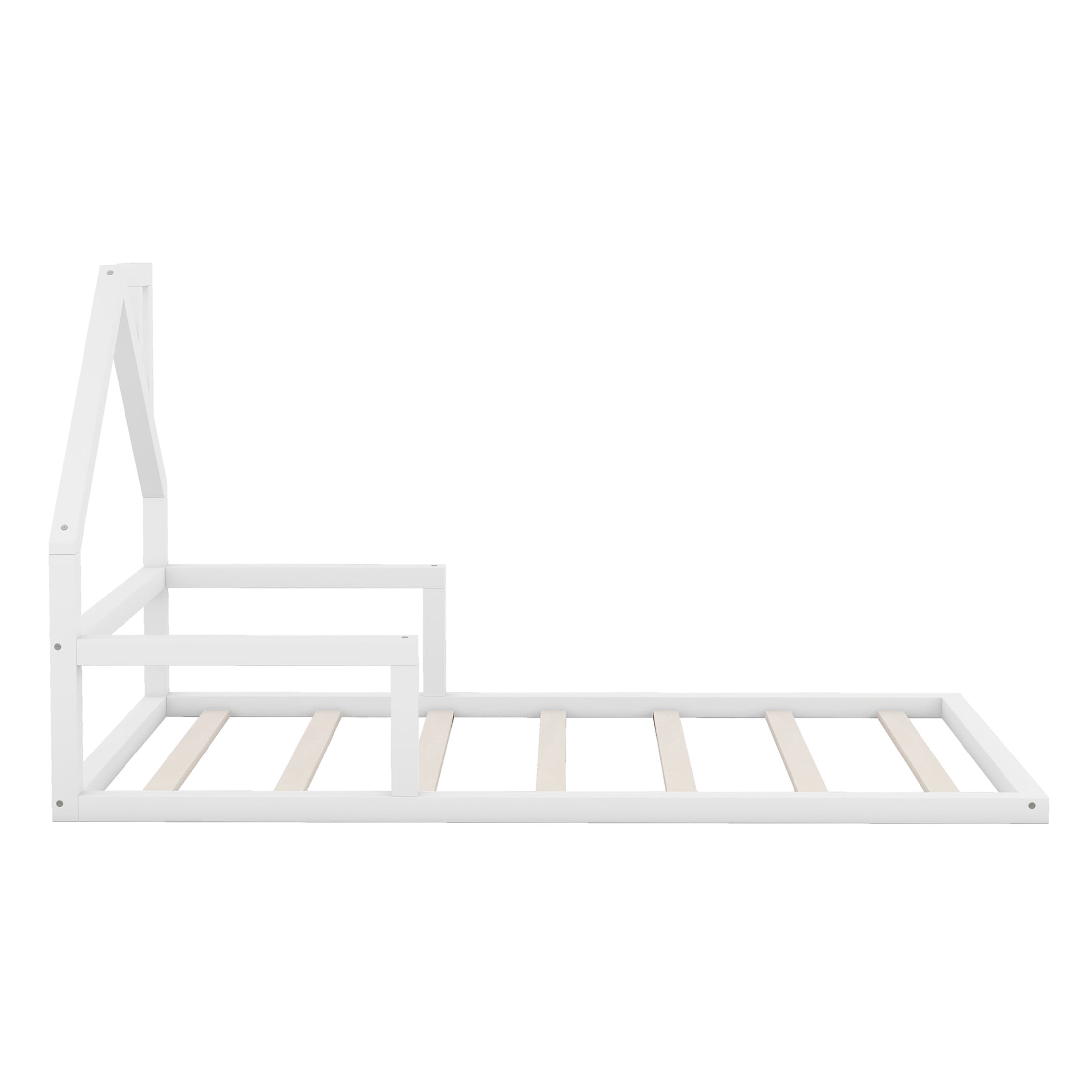 Noble House Twin Wood Floor Bed, Montessori House-Shaped Headboard with Chimney Detail, Safety for Kids, White