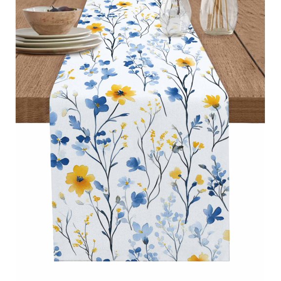 Table Runner Dresser Scarf 13 x 70 Inch Spring Watercolor Blue and Yellow Flower Leaves Table Runners Non-Slip Heat Kitchen Dining Table Decor for Indoor Outdoor Home Party Decoration