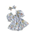 thumbnail image 2 of Musuos Baby Girl Sweet Romper Dress 3 6 9 12 18 24Months Fruit/Flower Print Ruched Short Sleeve Bodysuit with Cute Headband Set Summer Clothes, 2 of 10