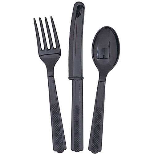 Black Plastic Utensils Set for 8 Guests, 24 Pieces
