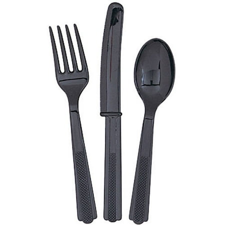 Black Plastic Utensils Set for 8 Guests, 24 Pieces