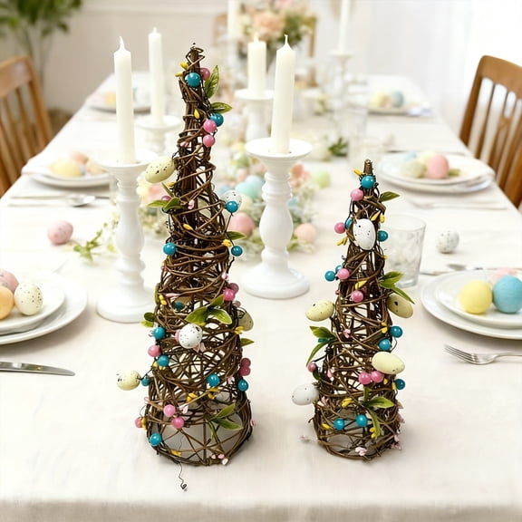2-Piece Set Easter Rattan Cone Trees - 16" & 12.2" Artificial Tabletop Trees with Pastel Berries & LED Lights, Rustic Spring Farmhouse Decor for Mantel & Table Centerpiece