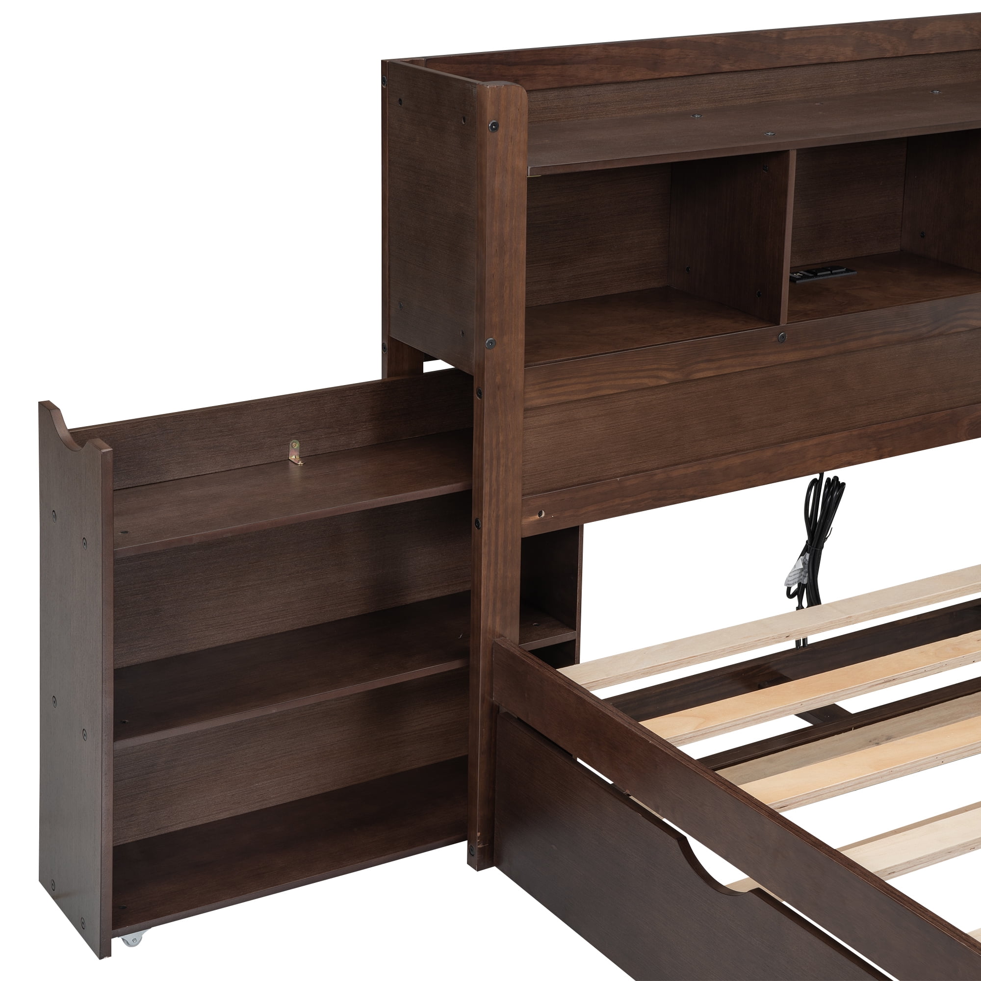 Euroco Wood Full Size Platform Bed with Movable Shelves, Trundle Bed with USB Charging Station for Kids Teens, Espresso