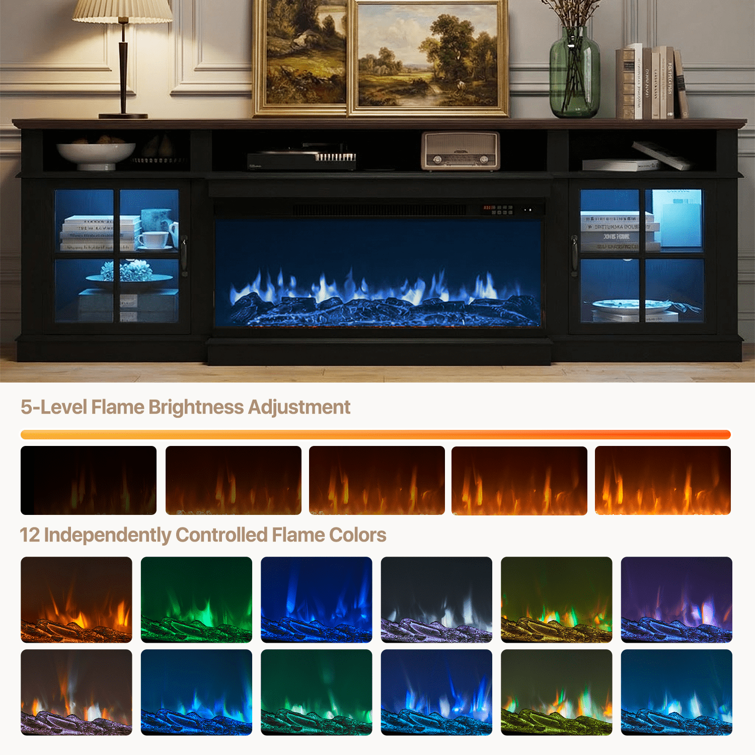 BaPiPro 80" Farmhouse Fireplace TV Stand for TVs Up to 90", Entertainment Center with 3-Sided 36" Electric Fireplace & LED Lights, 2 Drawers & 2 Storage Cabinet, Black