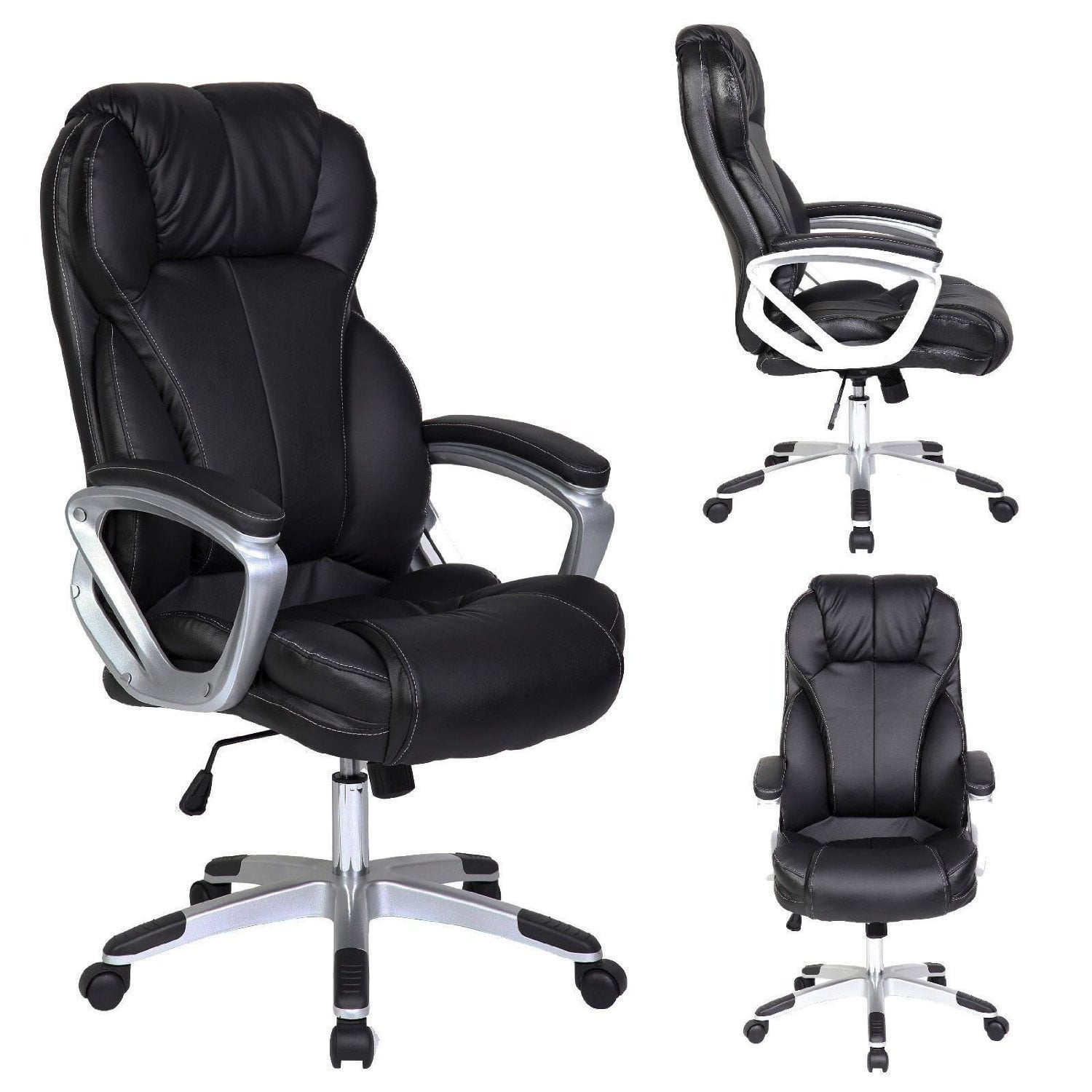 2xhome Modern High Back Tall Ribbed Pu, Black Pu Leather High Back Office Chair