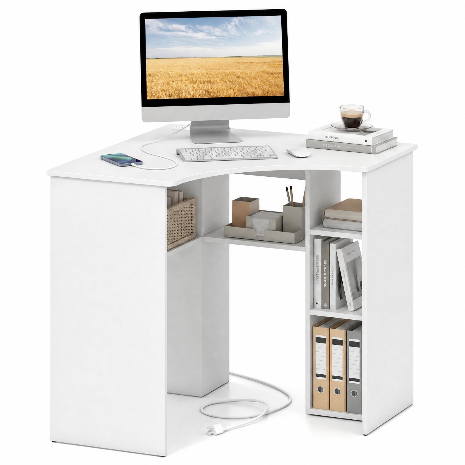 Furnibear Corner Computer Desk with Adjustable Shelf and Arc-Shaped Profile Triangle Home Office Desk with Open Shelves for Study, White