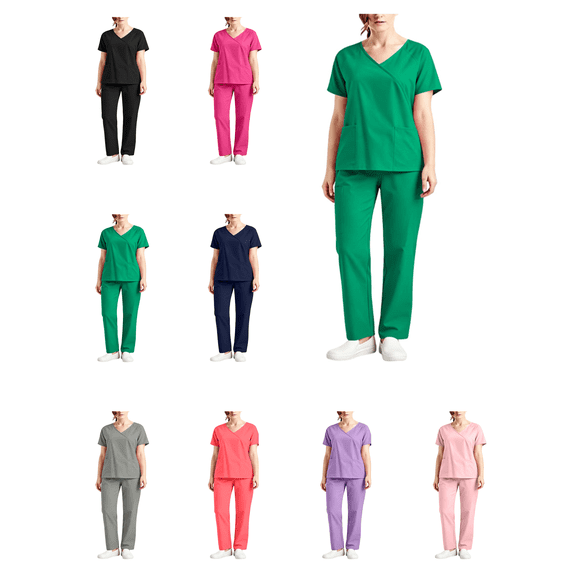Busydd Womens Scrubs V Neck Short Sleeve Scrub Top and Straight Leg Pants Workwear Comfortable Breathable Solid Color Scrubs for Women S