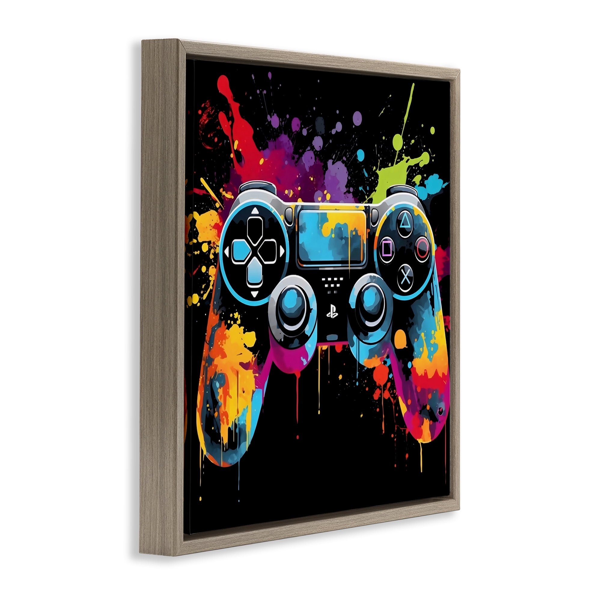 Stupell Industries Paint Splash Game Controller Brown Framed Floater Canvas Wall Art, design by Creative Studio