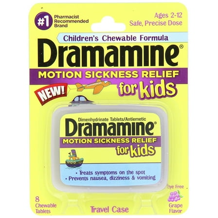 Dramamine Motion Sickness Relief for Kids, Grape Flavor, 8 Count