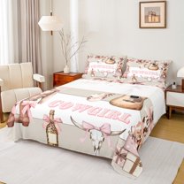 Manfei Chic Cowgirl Hats Queen Sheet Sets,Retro Rustic Bull Skull Flat Sheet,Pink Bowtie Ribbon Queen Fitted Sheet For Girls Kids,Ultra Soft Home Decor,4 Pieces