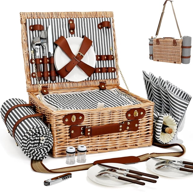 Cesta de Picnic SatisInside para 4 Personas con Manta y Bolsa para Vino