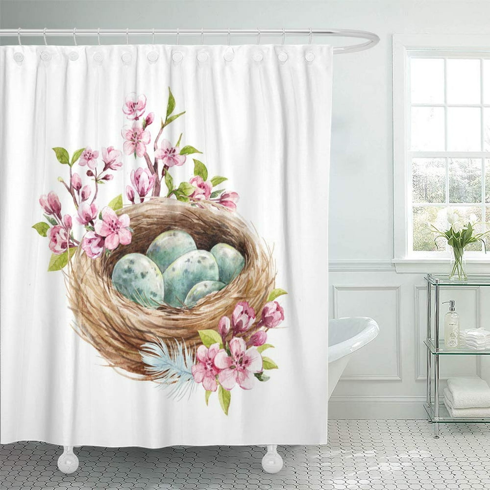 SUTTOM Pink Easter Spring Watercolor of Bird Nest Blue Eggs Shower
