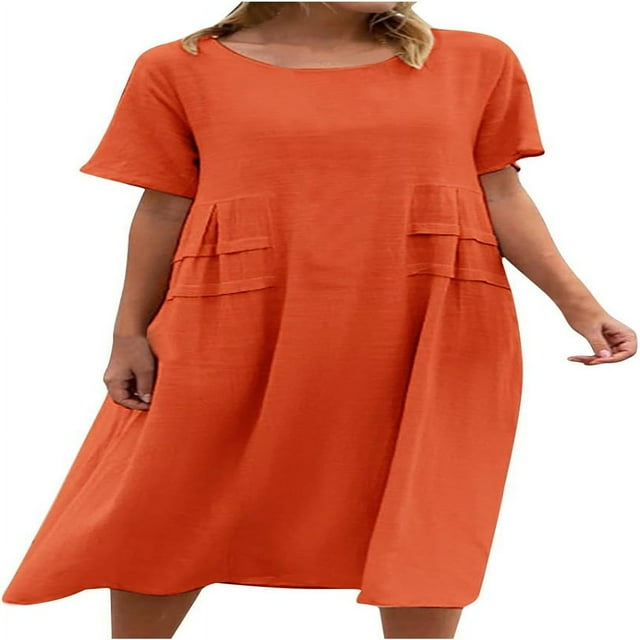 CHOK Robe Midi Décontractée en Coton et Lin pour Femmes Col Rond Manches Courtes Été Coupe Ample Robes Fluides Confortables Grande Taille