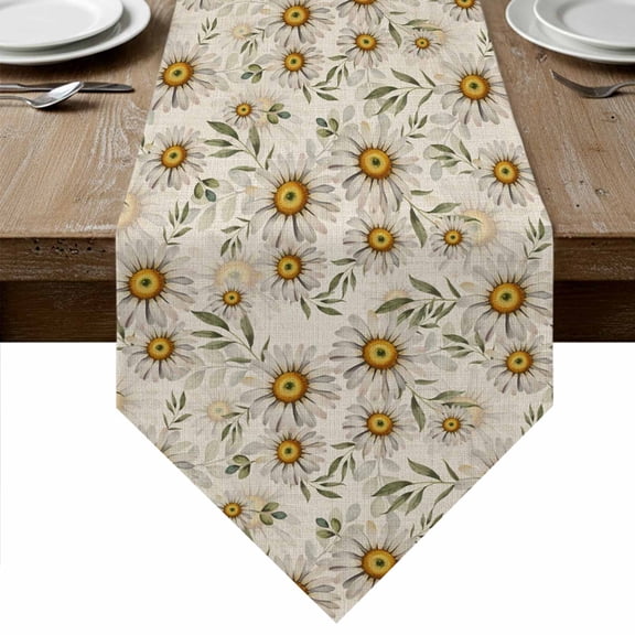 Table Runners 36 Inches Long, White Daisies Cotton Linen Kitchen Dining Coffee Table Runner for Party Home Decor, Retro Country Botanical Flowers Leaves Tabletop Dresser Scarves Runner 13x36 Inch