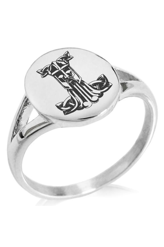 Stainless Steel Thor's Hammer Mjolnir Celtic Viking Rune Minimalist Oval Top Polished Statement Signet Ring