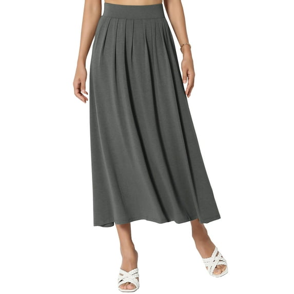 QAFOPEH Women High Waisted Pleated Solid Color Long Skirts With Pocket