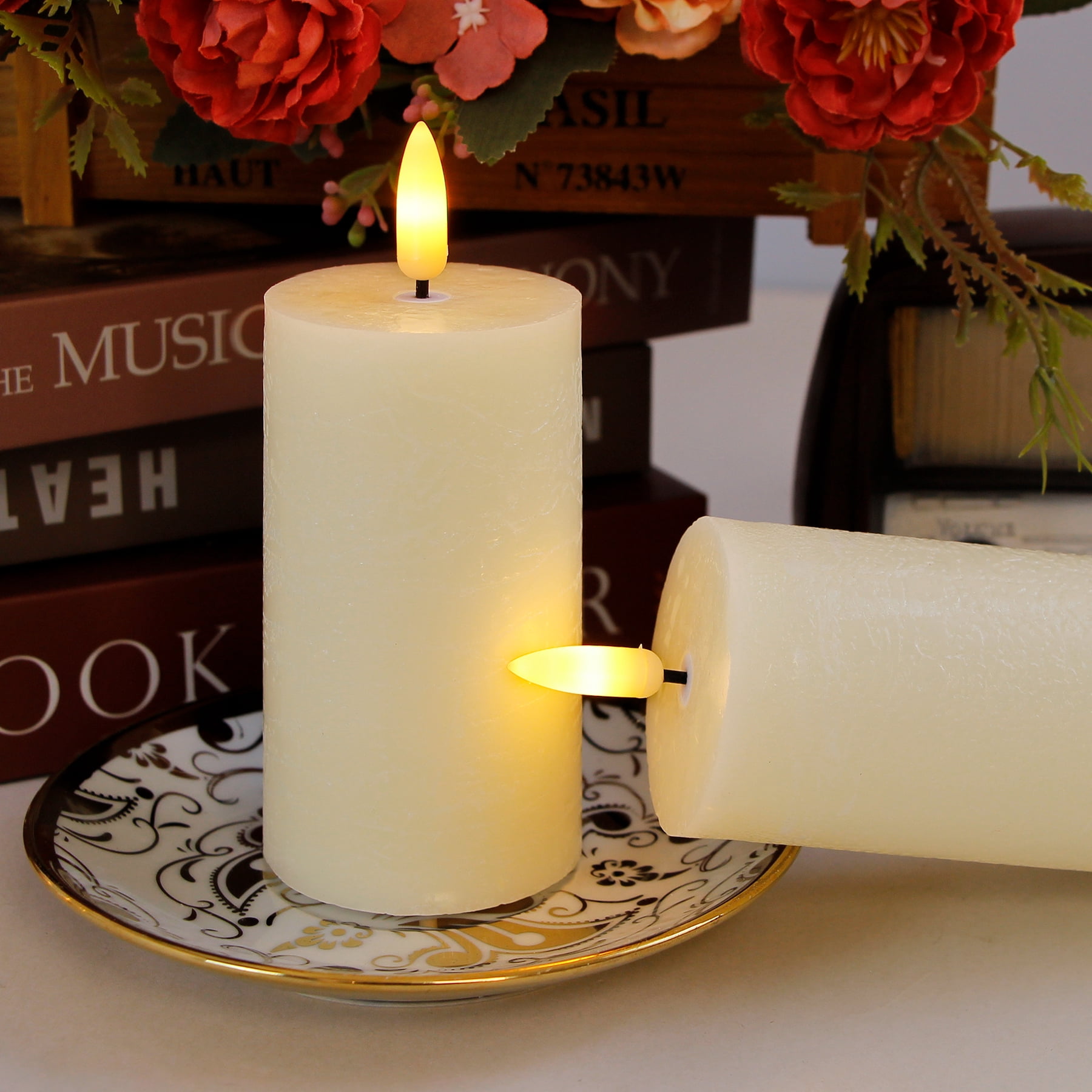Mavandes Flickering Flameless Pillar Candles with Remote Control and Cycle Timer,Ivory Pack of 4 Battery Operated LED Real Wax 3D-Wick Electric Candles