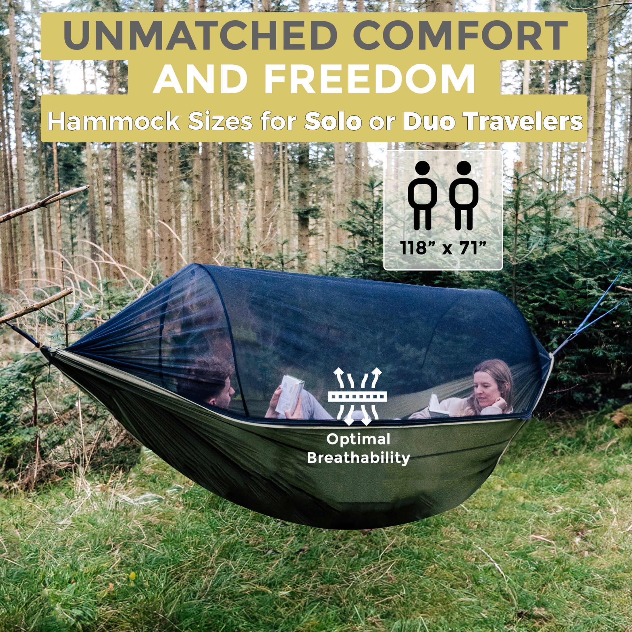 Sunyear Double & Single Camping Hammock with Tent-Like Mosquito Net & Aviation Aluminum Poles (NOT a Face-Hugging Net), Easy Setup 600lbs