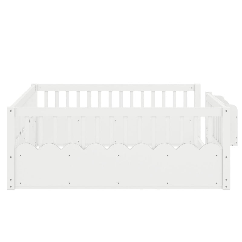 Queen Size Wood Floor Bed with Wavy Fence, Kids Platform Bed Frame with No Slat, Montessori Storage Bed with Bookshelf