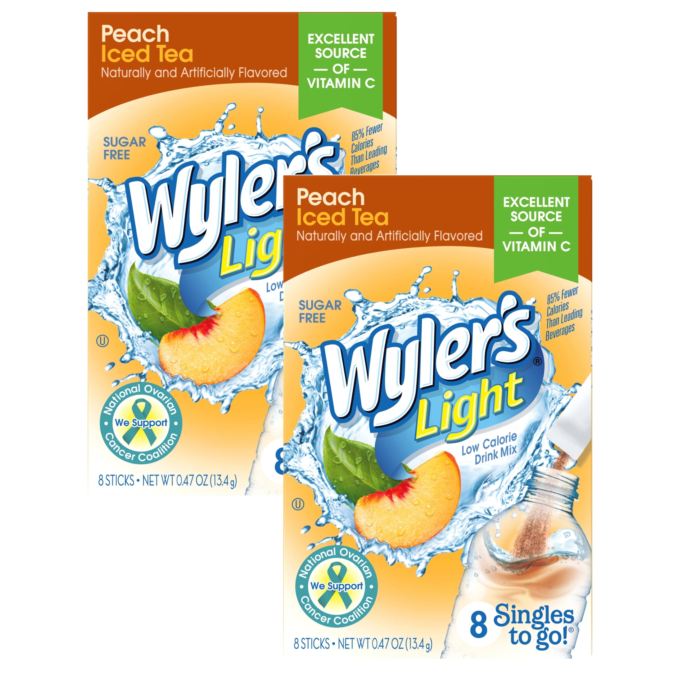 (2) Wyler's Light Singles To Go Powdered Drink Mix Peach Iced Tea