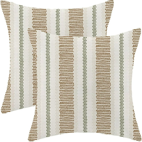 Brown Sage Green Outdoor Pillow Covers 18 x 18 Inch, Beige Polka Dots Stripe Decor Throw Pillows for Couch Bed, Boho Modern Farmhouse Decorative Pillowcase Linen Cushion Cover Set of 2