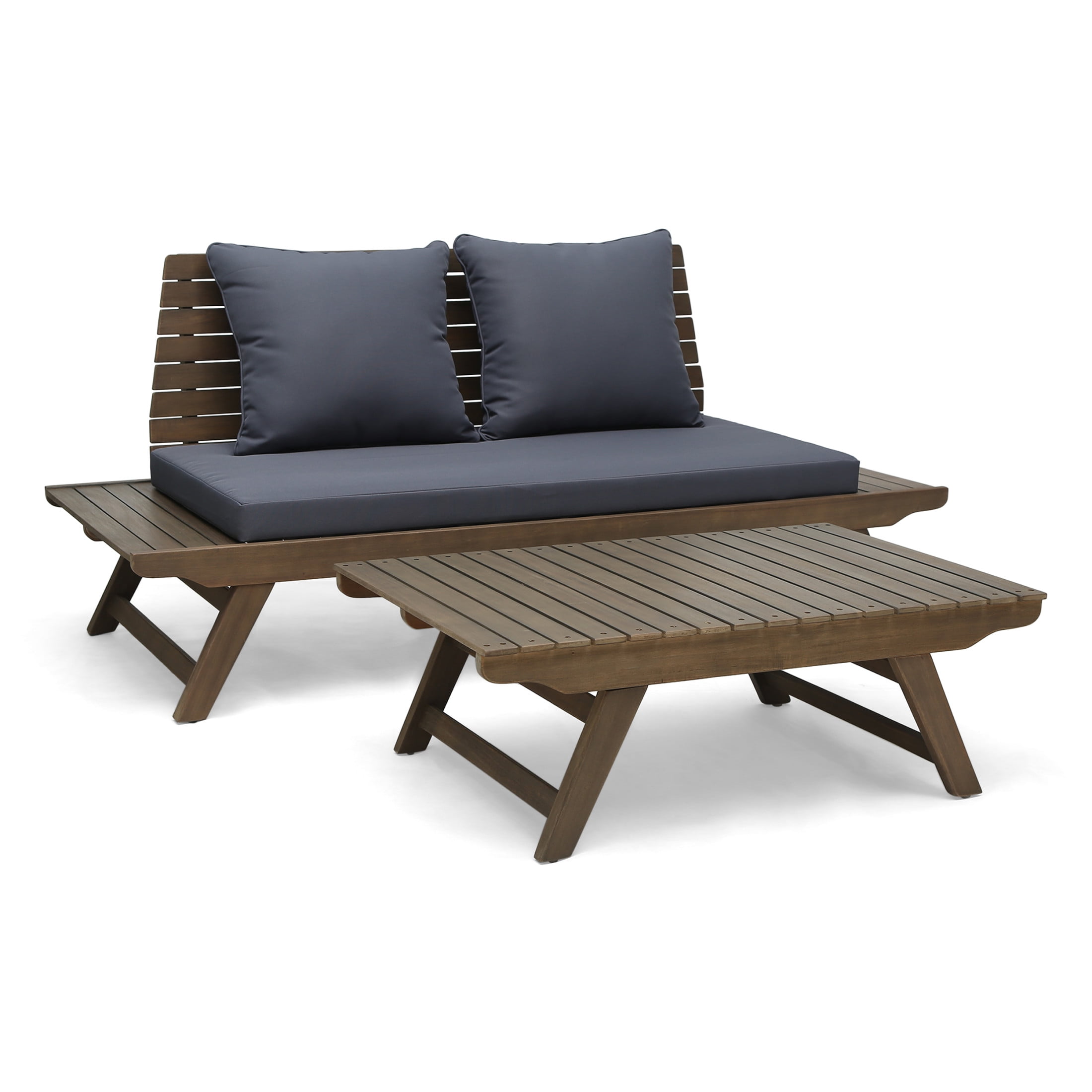 Sudbury Outdoor Outdoor Acacia Wood Loveseat and Coffee Table Set with Cushions, Gray/Dark Gray