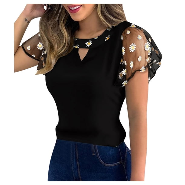 Mujeres Casual Daisy Bordado Encaje Lotu Manga Hollow Out Camiseta Tops Fridja hj401