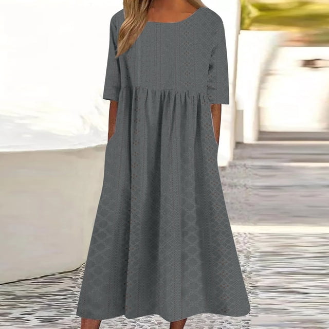mtvxesu Robes pour Jeunes Adultes, Robe Mi-Mollet à Oeillets pour Femmes, Printemps et Été, Col Rond, Unie, Décontractée, Manches Courtes, Mini Robes