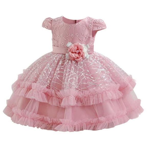 SERTG Little Girls' Party Dress Sheer Paneled Skirt with Back Zipper Short Sleeve Round Neck Princesse Outfit for 6 Months-4 Years(Hot Pink,4 Years)