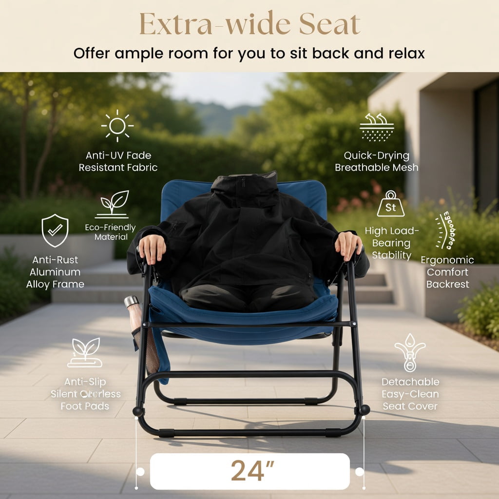 Hommoo Premium Foldable Rocking Camping Chair with Padded Backrest, Armrests, Cup Holder & Side Pocket, Outdoor Patio Chair, Navy