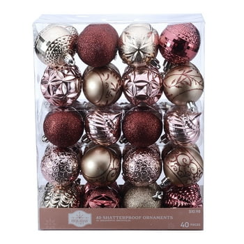 Holiday Time Red, Gold & Blush Shatterproof Christmas Ornaments, 40 Count