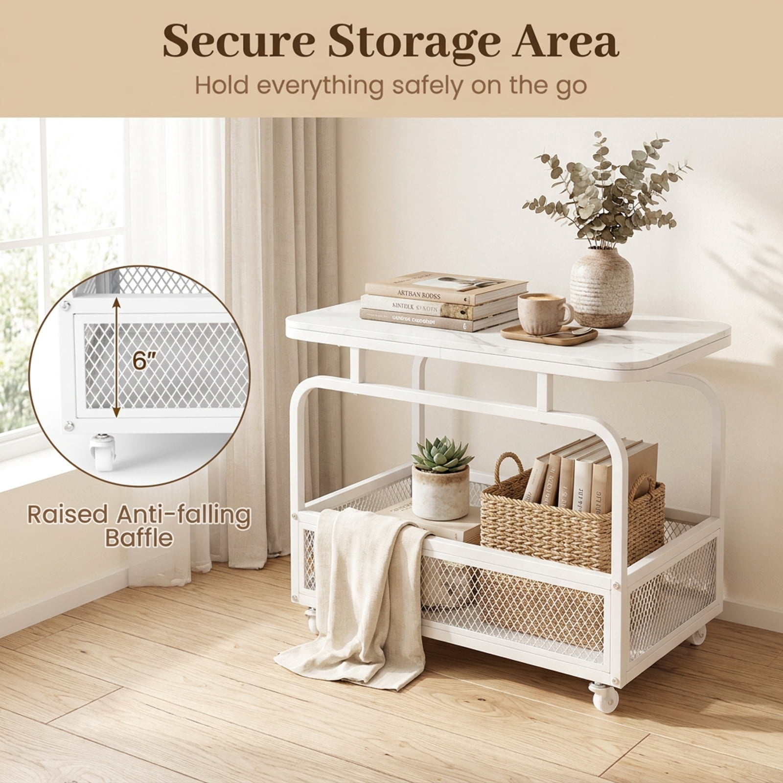Furnibear Rolling Side Table 2 Tier Narrow End Table with Faux Marble Top and Mesh Storage Basket for Living Room Bedroom and Sofa Side, White