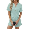 thumbnail image 4 of Nlife Women V Neck Button-Up Waffle Short Sleeve Shorts Knit Sets, 4 of 7