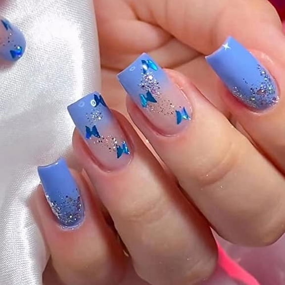 Short Square Press on Nails Squoval Fake Nails Glossy Glue on Nails Blue Gradient Acrylic Nails Spring Butterfly Artificial Nails Bling Glitter Stick on False Nails with Design 24 pcs