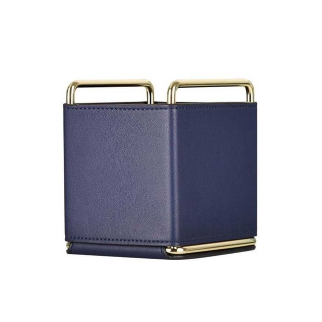 Bewildely Caja de almacenamiento de escritorio de cuero, caja cuadrada portátil de gran capacidad, Control remoto extraíble, cubo para brochas Almacenamiento y organización del hogar Azul oscuro