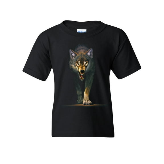 Tee Hunt Stalking Growling Wolf Youth T-Shirt Claws and Fangs Wolf On The Hunt Kids Tee