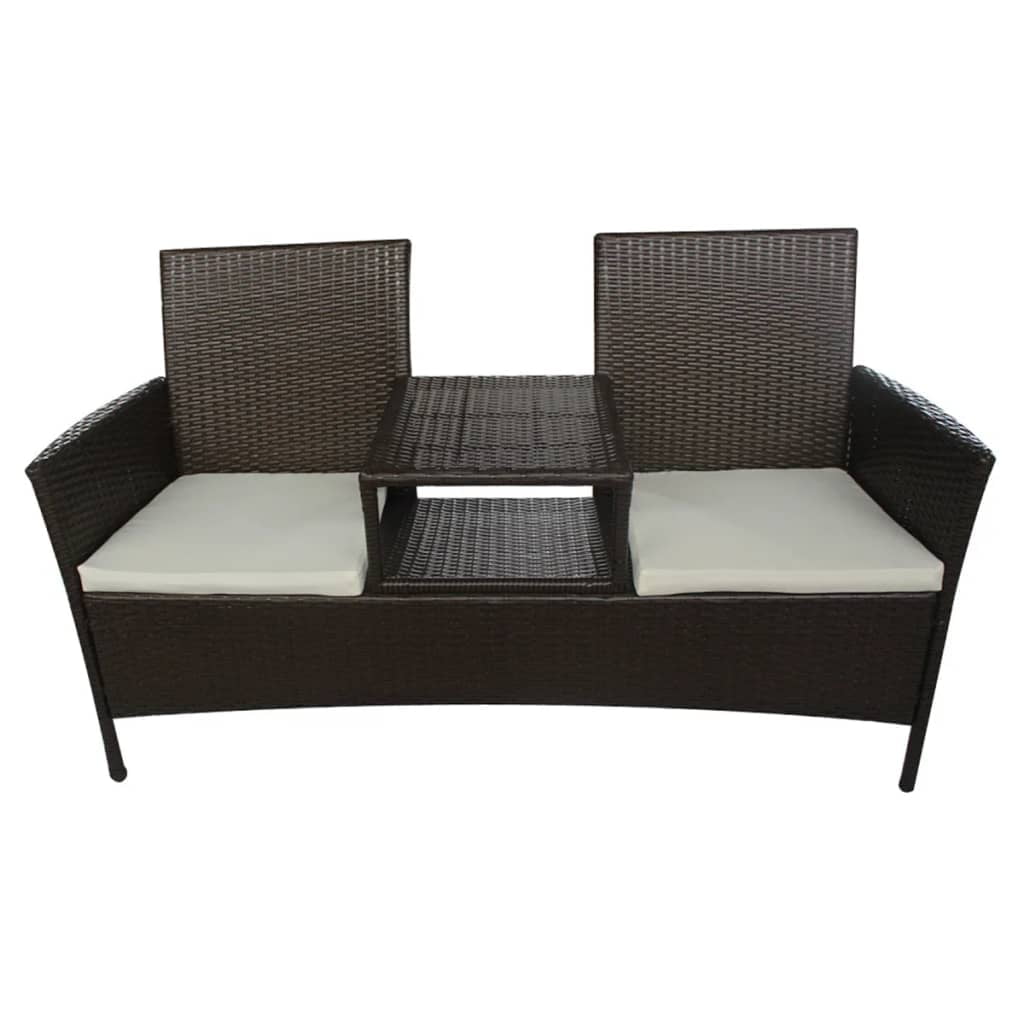 Kepooman 2 Seat Patio Rattan Wicker Bench with Tea Table, Brown