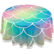 SKYSONIC 60" Mermaid Scales Round Tablecloth Rainbow Glow Table Cloth Cover Mat Washable Polyester Home Decorative for Dining Wedding Holiday Party