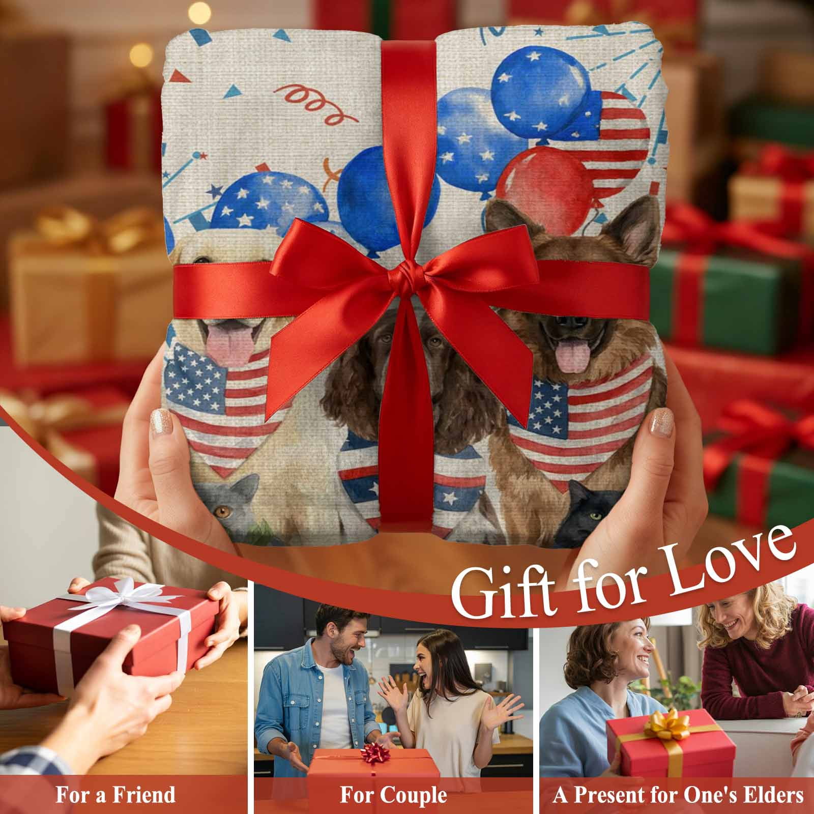 4th of July Dogs Blanket Soft Cozy Warm Throw Blanket for Couch, Plush Fuzzy Flannel Fleece Blankets for Sofa, Independence Day Floral Red Stars Beige Bed Blankets Lightweight Gifts for Men, 30"x40"