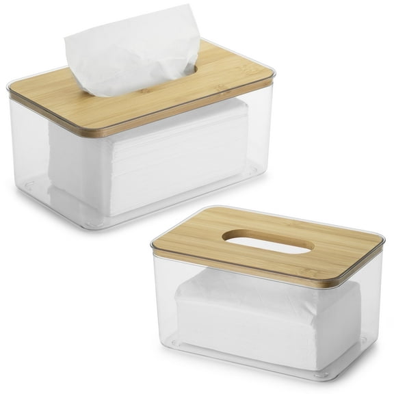 Lonian Tissue Box Cover Rectangle, Plastic Tissue Box Holder with Bamboo Lid Top, Clear, 2 Count