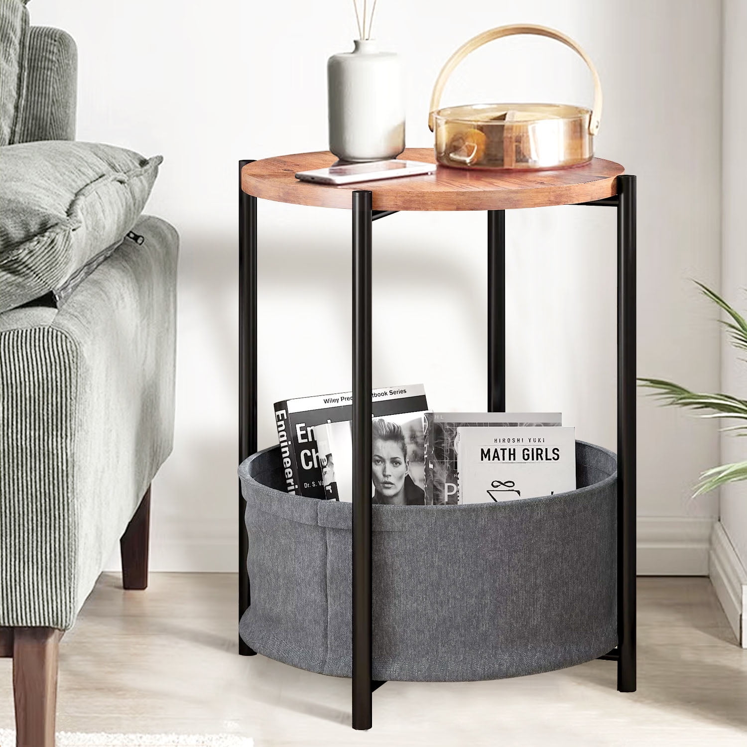 Funcid End Table, 24.5" Round Side Table for Living Room, Bedside Nightstand with Fabric Storage Basket, Wooden Accent Table with Metal Frame, Small Coffee Table