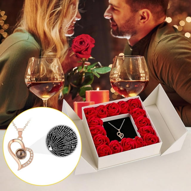 Fiudx Rosa Eterna, Caja de Regalo con Flor Roja Preservada, Collar con Proyección En Forma de Corazón, Te Amo En 100 Idiomas, Sorpresa Romántica, Novia, Esposa, Abuela, Perfecto para San Valentín