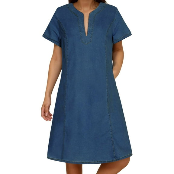 New V Neck Pleated Pocket Short Sleeved Denim Dress For Women Casual Dress