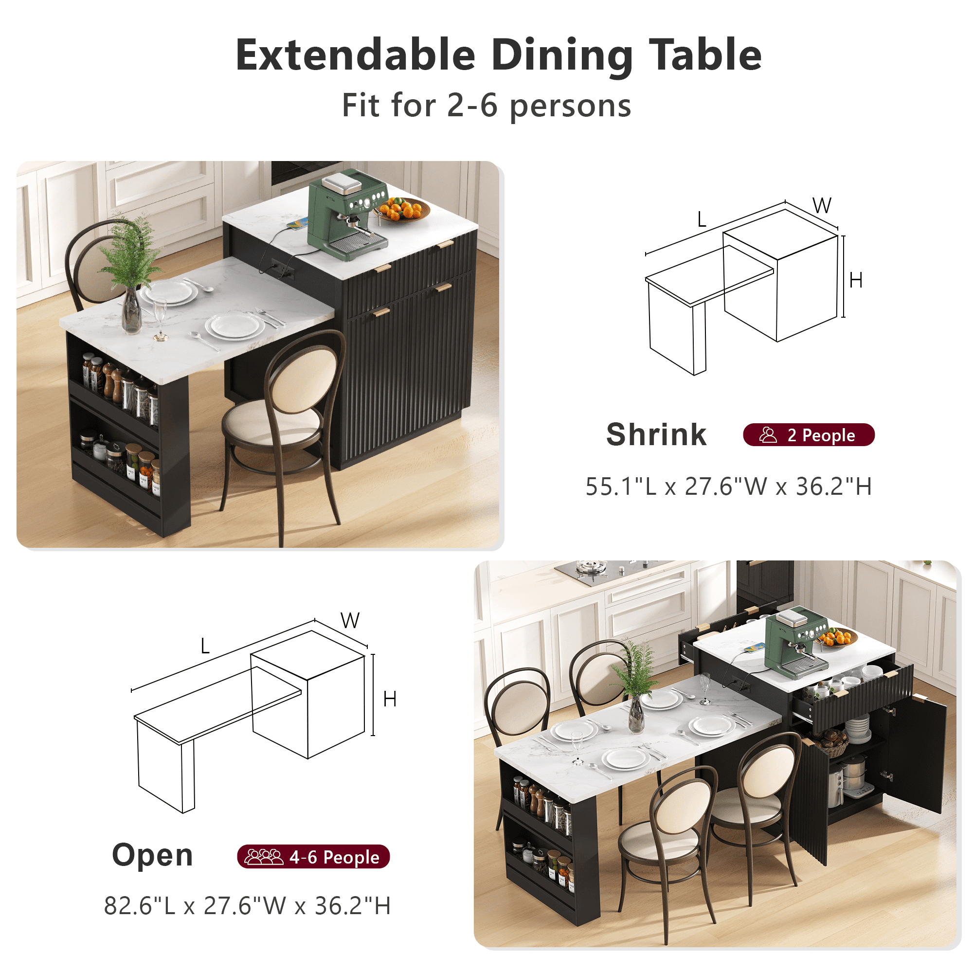 Harper & Bright Designs Fluted Kitchen Island with Extendable Dining Table for 4-6, Island Table for Kitchen with Power Outlet, Kitchen Table with Double-Side Storage and 2 Side Open Shelves, Black